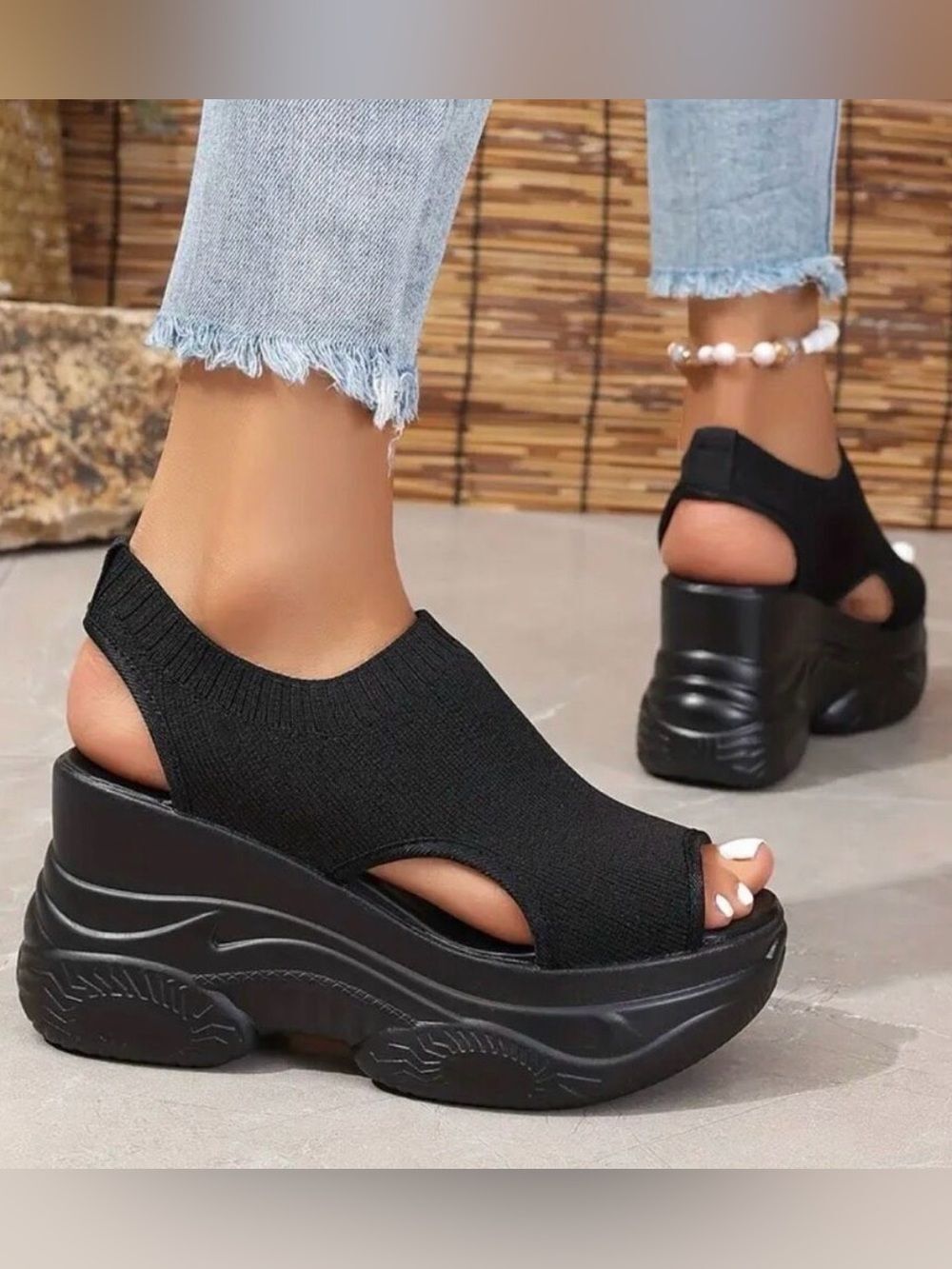 NWT Great Comfy 9.5 Black Elastic Open Toe High Platform Wedge Slingback Sandals